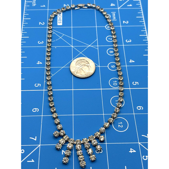 VTG Rhinestone Necklace Clear Dangle Silver Tone J1-3026 - Picture 7 of 9
